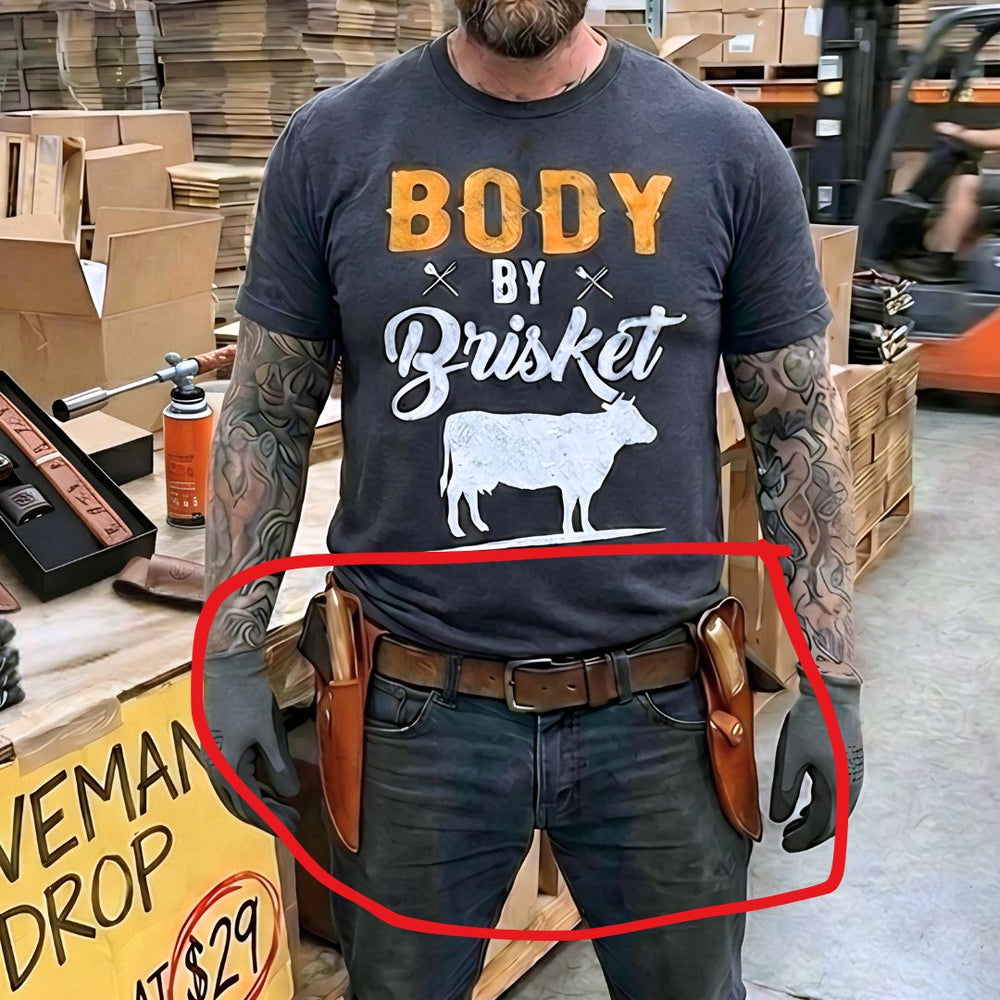 Our warehouse guy wearing two no-logo Ultimo knives