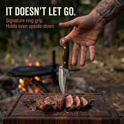 THE CLAW held by the ring grip above a sliced steak